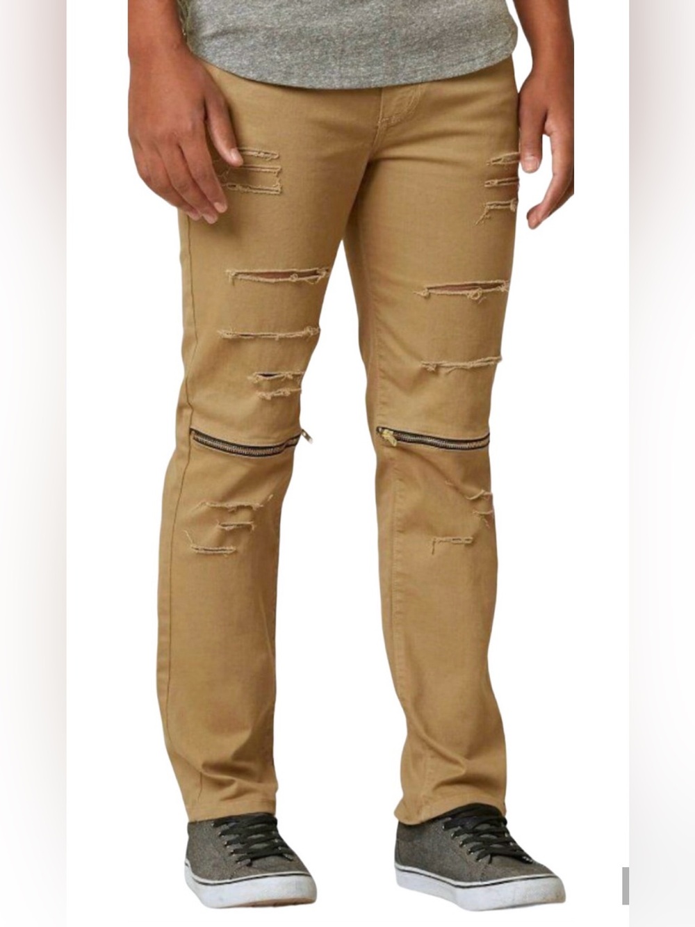 NEW RUSTIC DIME SHREDDED DESTUCTION ZIPPER KHAKI TAPER FIT JEANS SIZE 32 BUCKLE